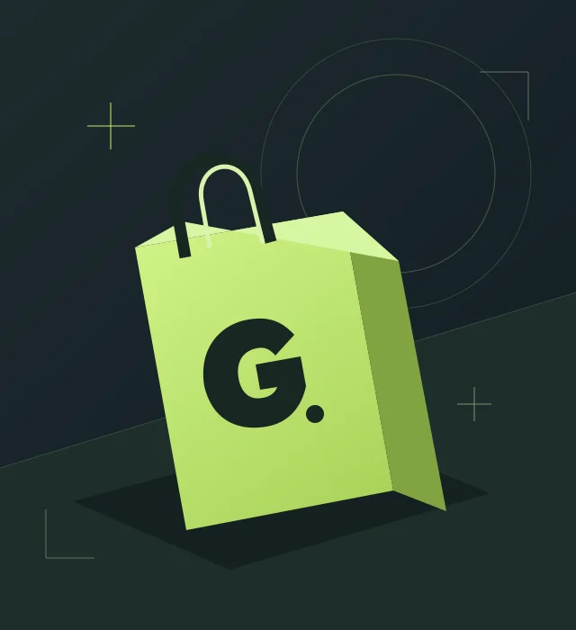 Ilustrasi tas belanja abstrak berwarna lime dengan monogram G